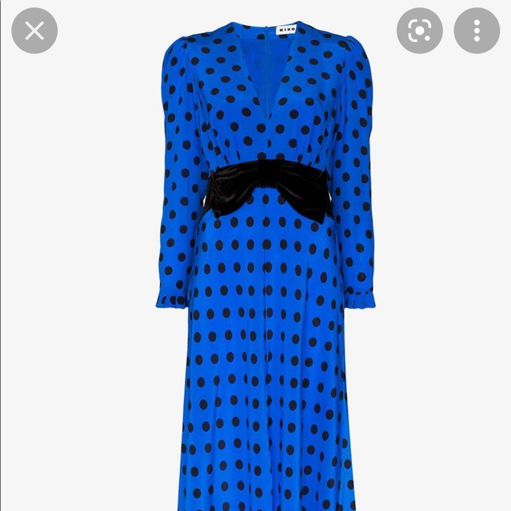 RIXO LONDON Eloise Velvet Polka Dot MIDI Blue Dress Small Bow Party Rare Bias - Picture 3 of 9
